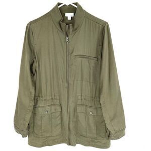 J Jill Jacket Small Military Olive Green Zip Front Pockets Mock Neck Long Sleeve